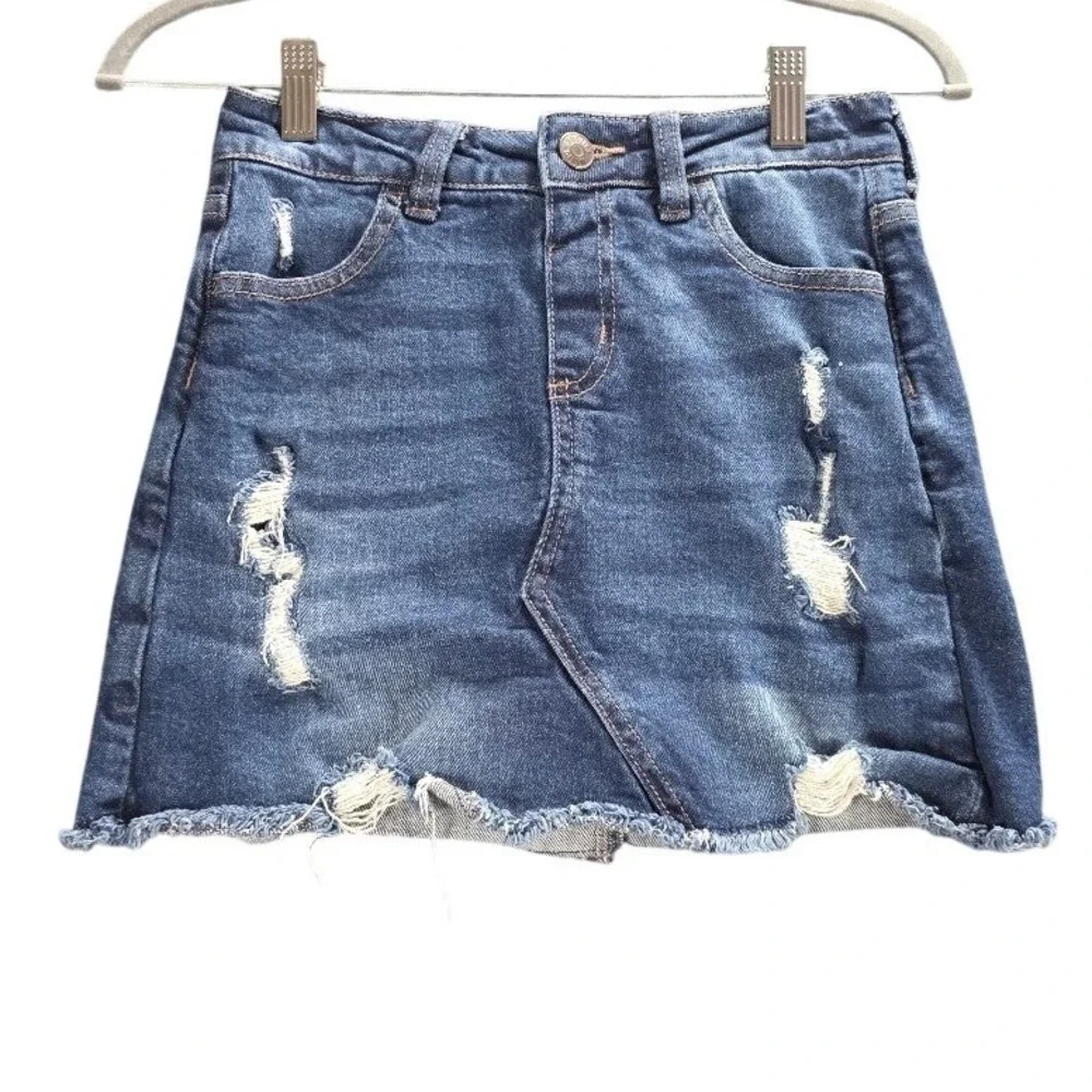 Justice Girls Dark Wash Distressed‎ Denim Skort Size 12 Frayed Raw Hem 474654